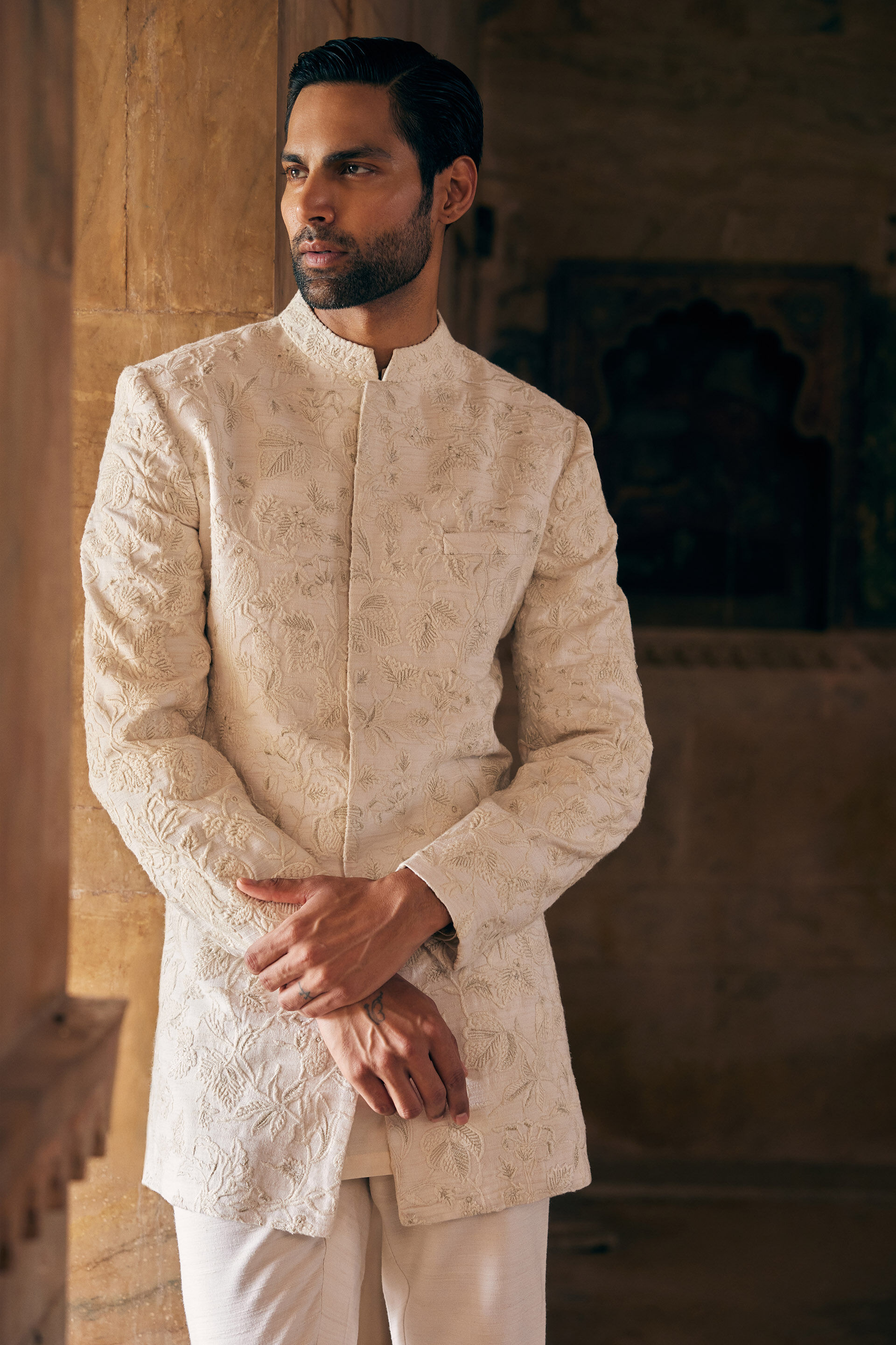 Aanav Embroidered Silk Sherwani - Off White, Off White, image 4
